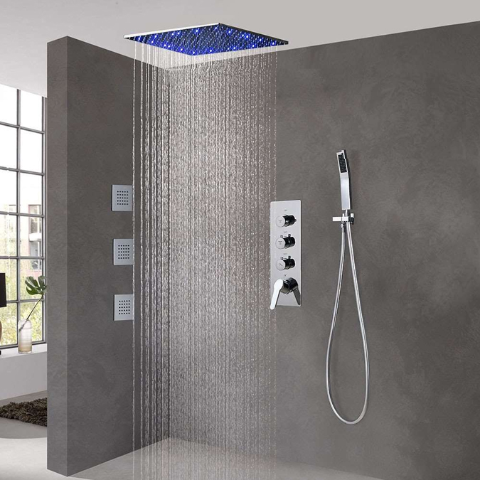 Juego de ducha tipo lluvia LED para montaje en techo de níquel cepillado Raigu con mezclador termostático, rociador de chorro y ducha de mano