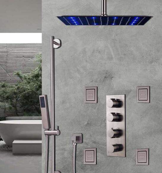 Raigu Brushed Nickel Ceiling Mount Rainfall Shower Set With Thermostat Mixer Jet Sprays And Slide Bar Hand shower – Tips from Bathroom Shower Set Manufacturers in Raigu