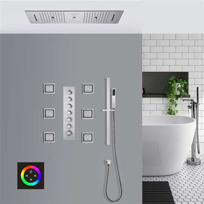 Raigu® Chrome Thermostatic Touch Panel Controlled Led Recessed Ceiling Mount Musical Rainfall Shower System With Jetted Body Sprays And Hand Shower